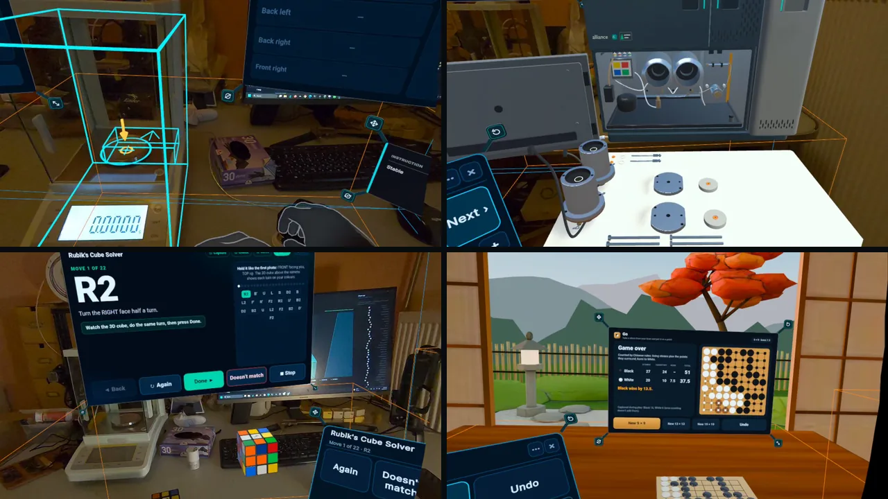 Four headset apps, two by two: the balance test, the HPLC pump heads, the Rubik&rsquo;s cube solver and Go in the tea room