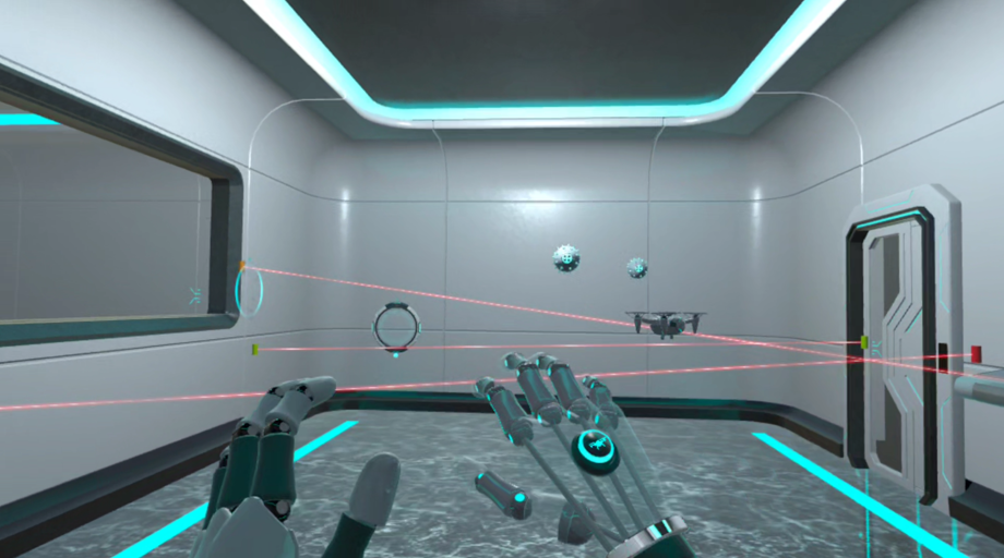 Fist Flight VR arena with a drone, rings, and hand-tracked flight targets